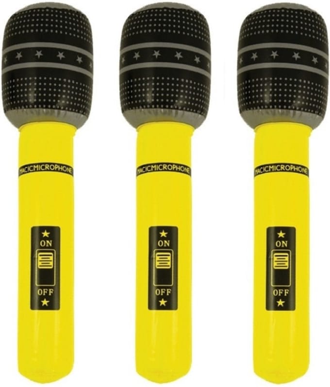 Set van 3x stuks opblaasbare microfoon neon geel 40 cm - Speelgoed microfoon - Popster verkleed accessoire - Feestartikelen
