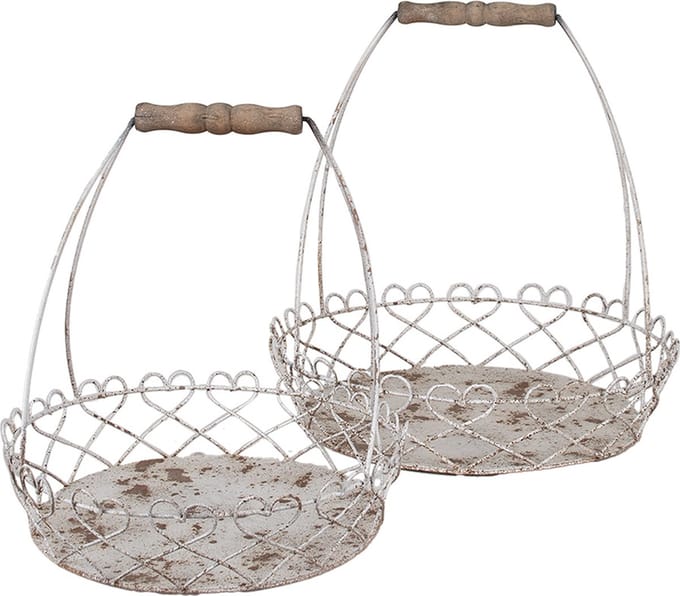 Clayre & Eef Decoratie Mand Set van 2 Ø39/ Ø30 Wit Bruin Metaal