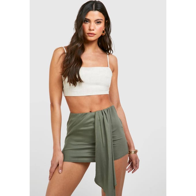 boohoo Dames Linnen Look Gepanelleerde Drapeer Mini Rok | Kaki | Maat: 44