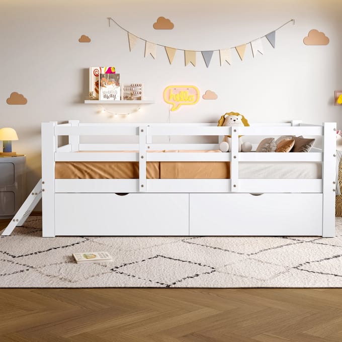 Houten platformbed van 90x200 cm met spijlen en 2 laden - Kajuitbed - wit