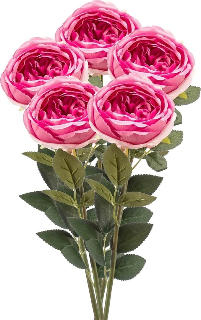 Emerald Kunstbloem roos Joelle - 5x - fuchsia - 65 cm - decoratie bloemen