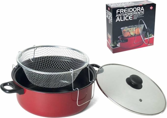 Gerimport friteuse/frituurpan met glazen deksel - voor alle hittebronnen - rood - D26 cm