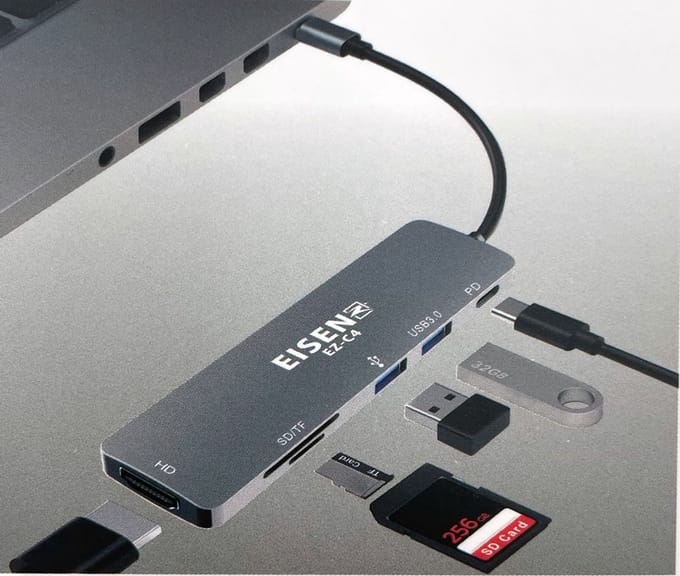 EISENZ EZ-C4 USB-C Hub 6-in-1 – USB-C naar PD, 2x USB, HDMI, SD & MicroSD – 4K HDMI