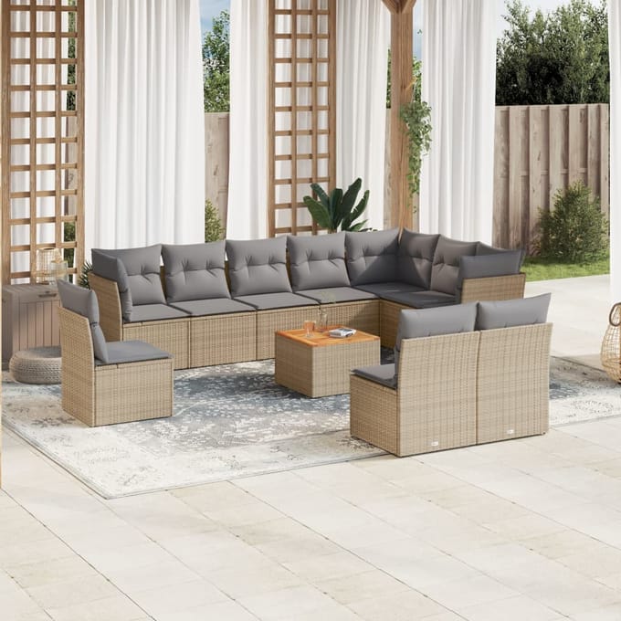 vidaXL - 11-delige - Tuinset - met - kussens - poly - rattan - beige