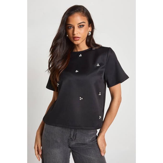 boohoo Dames Diamante Boxy Crepe T-Shirt | Black | Maat: 8