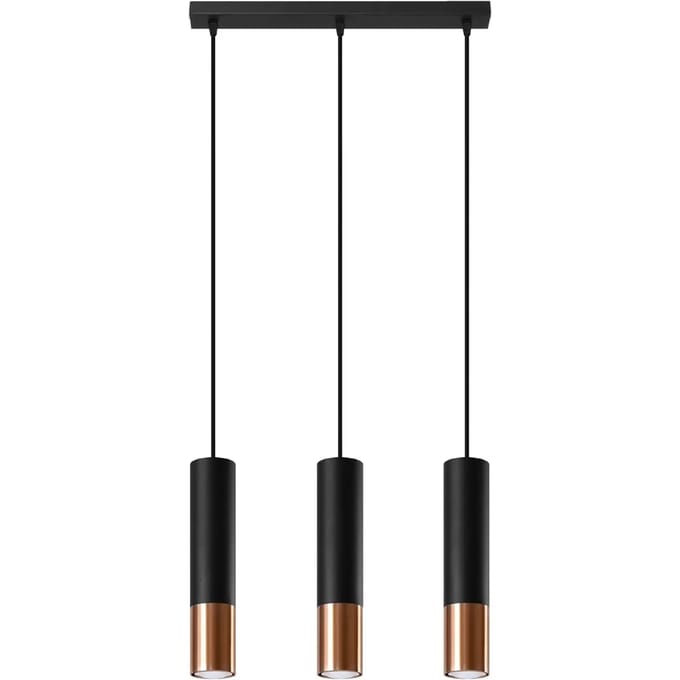 Hanglamp LOOPEZ 3L met 3 buisvormige kappen in lijn - Sollux Lighting - IP20 - Zwart/koper staal behuizing - 45 x 6 x 90 cm - 3 x GU10 LED, exclusief lichtbron - 3 x 10 W - Moderne hanglamp voor woonkamer, slaapkamer en eetkamer
