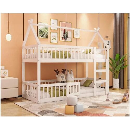 Merax Stapelbedden 2 x 90 x 200 cm met deur en rails - MDF hout - Lattenbodem - Wit