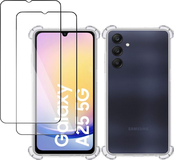 Hoesje + 2x Screenprotector geschikt voor Samsung Galaxy A25 – Full Screen Tempered Glass - Extreme Shock Case Transparant