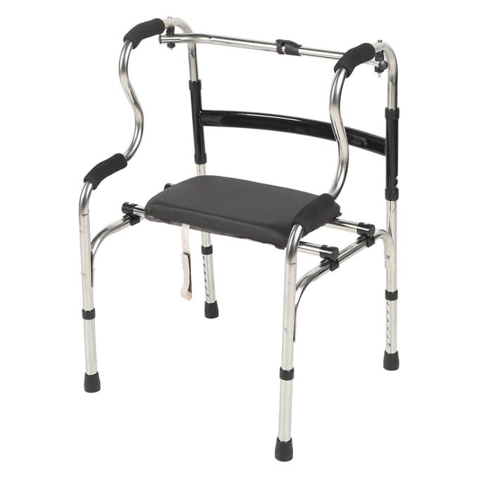 Opvouwbare loopwagen met PU-zitting, opsta-hulpen, 6 verstelbare hoogtes, 2 loopmodi, roestvrij staal black