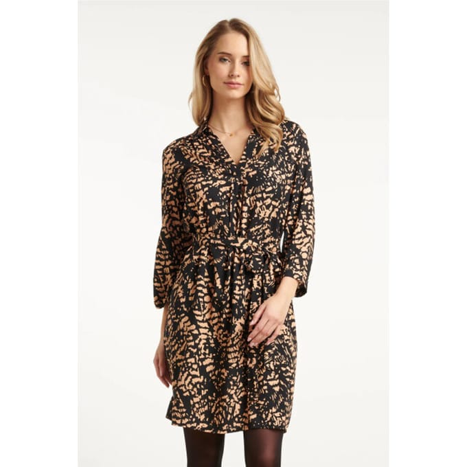 Smashed Lemon Korte jurk met abstract zwart en camel print |