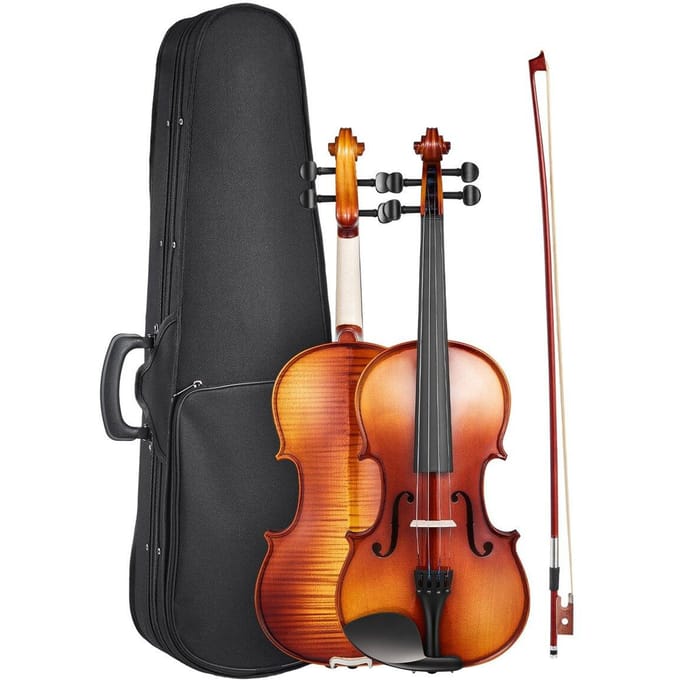 Violon 355mm Taille Fiddle Set Bois Massif pour Débutant Motif Marron Brillant