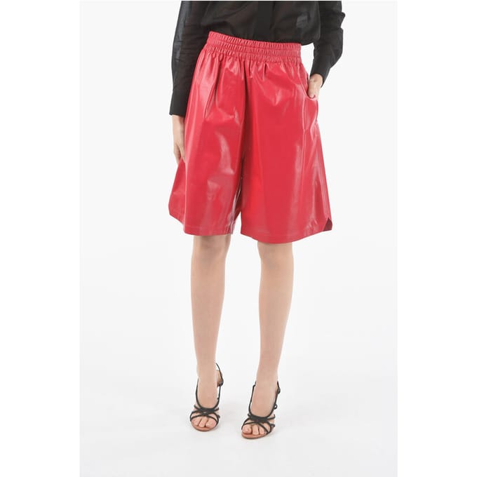 Ongevoerde korte broek van lamsleer met elastische taille in roze