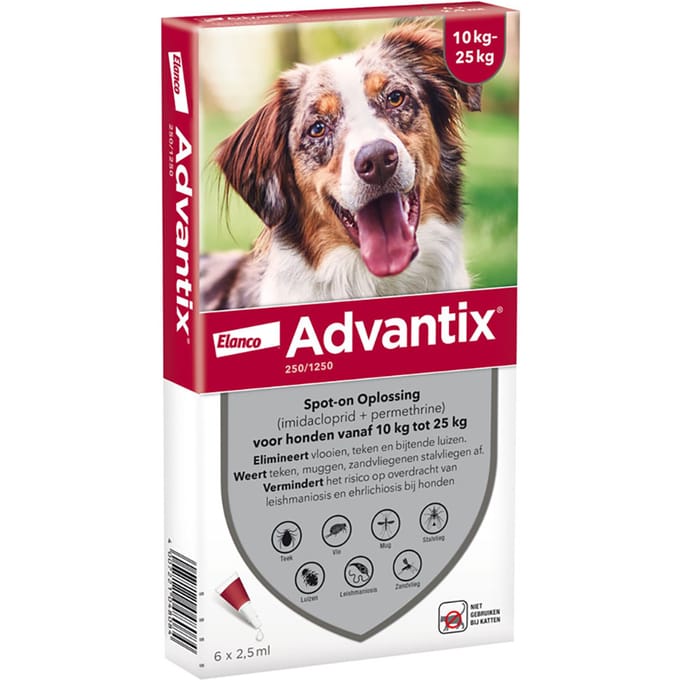 6x 2,5ml Advantix 250/1250 Spot-on Solution voor Honden 10-25kg - NL