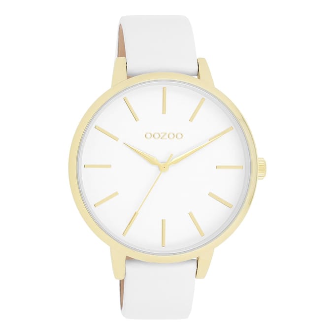 Goudkleurige OOZOO horloge met witte leren band - C11359