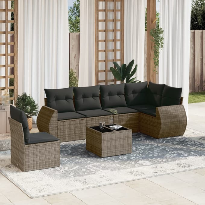 vidaXL - 7-delige - Loungeset - met - kussens - poly - rattan - grijs