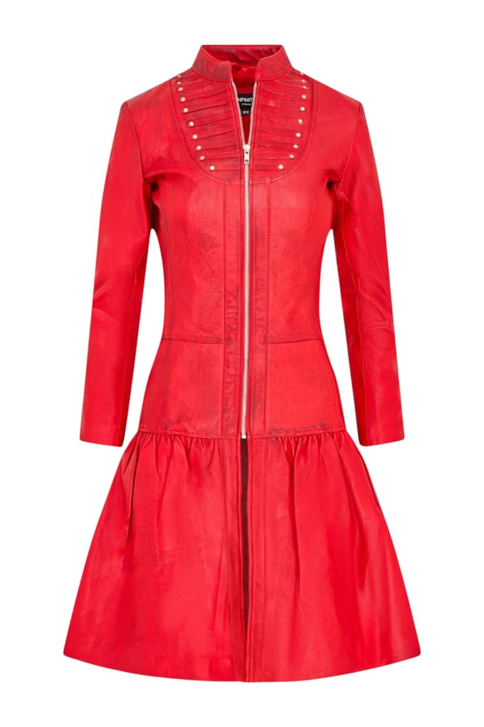 Dames ribet goth rood leren Victoriaanse studd flare-jas - Mist