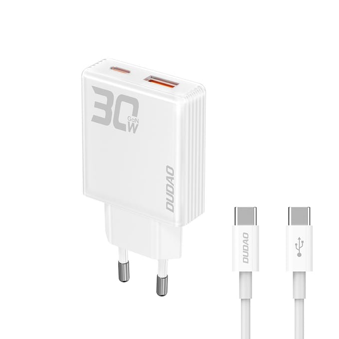 Dudao GaN A30EUT 30W USB-A / USB-C Wall Charger + USB-C - USB-C Cable - White