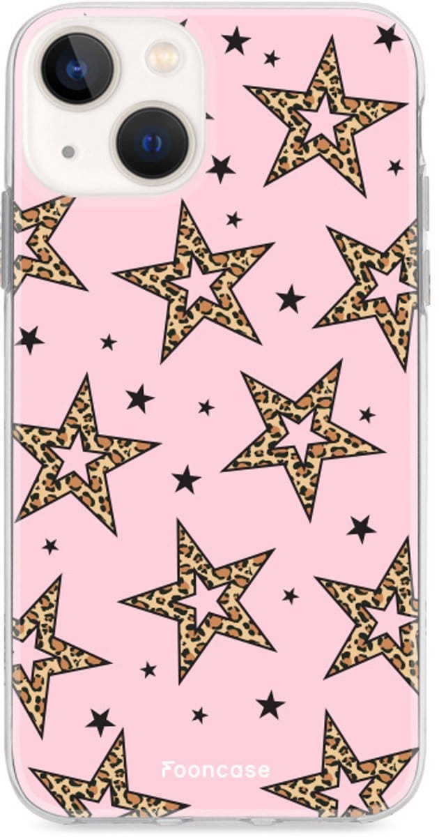Fooncase Hoesje Geschikt voor iPhone 13 Mini - Shockproof Case - Back Cover / Soft Case - Rebell Leopard Sterren Roze