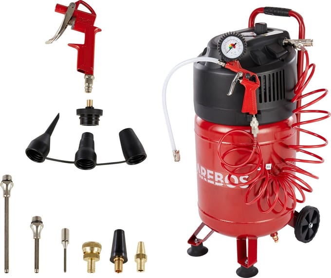 AREBOS Luchtcompressor 30 L 10 Bar staand 13-delig accessoire rood