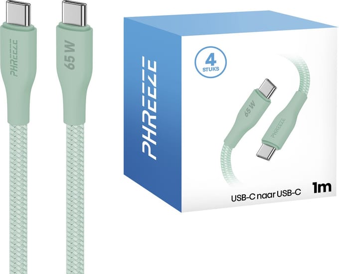 Usb C kabel 65w - 4 pack - Groen - 1 meter - Stevig nylon - Type C oplaadkabel - Phreeze