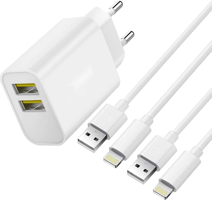 USB Adapter met 2x Oplader Kabel 1 Meter - Geschikt voor iPhone 7,8,X,SE - Wit