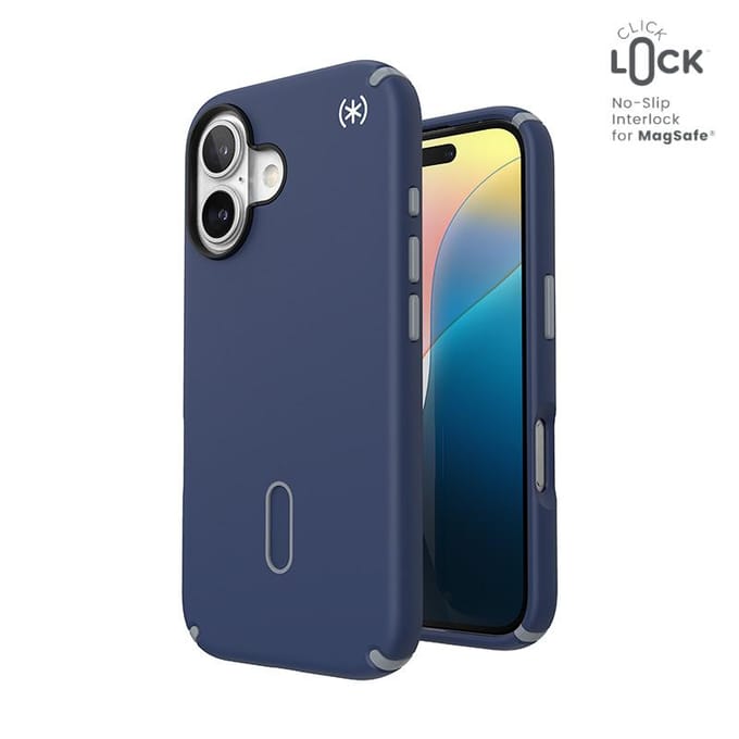 Speck Presidio2 Pro Clicklock & Magsafe - Coque iPhone 16 (Bleu Côte / Gris Poussière / Blanc)