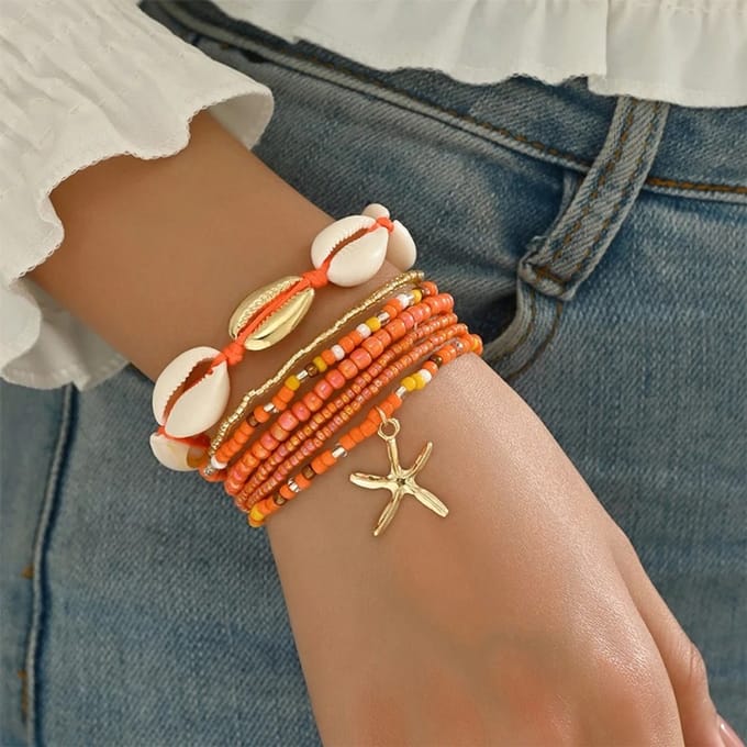 Sorprese Armband - Starfish - Oranje - Armband Dames - 7-Delig - Schelpjes - Elastisch - Model J