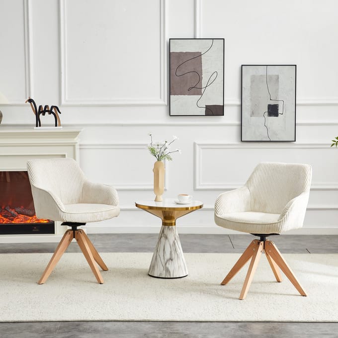 REDOM - Eetkamerstoelen Set Van 2 - 360° Draaibaar - Retro - Hout En Stof - Gebroken Wit - 84 Cm