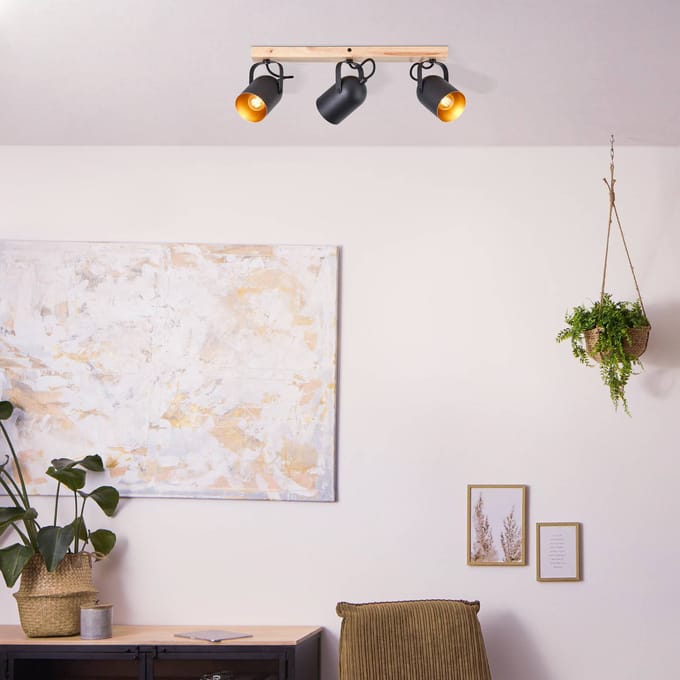 Brilliant Tronte plafondspot, lengte 57,5 cm, zwart/goud, 3-lamps.