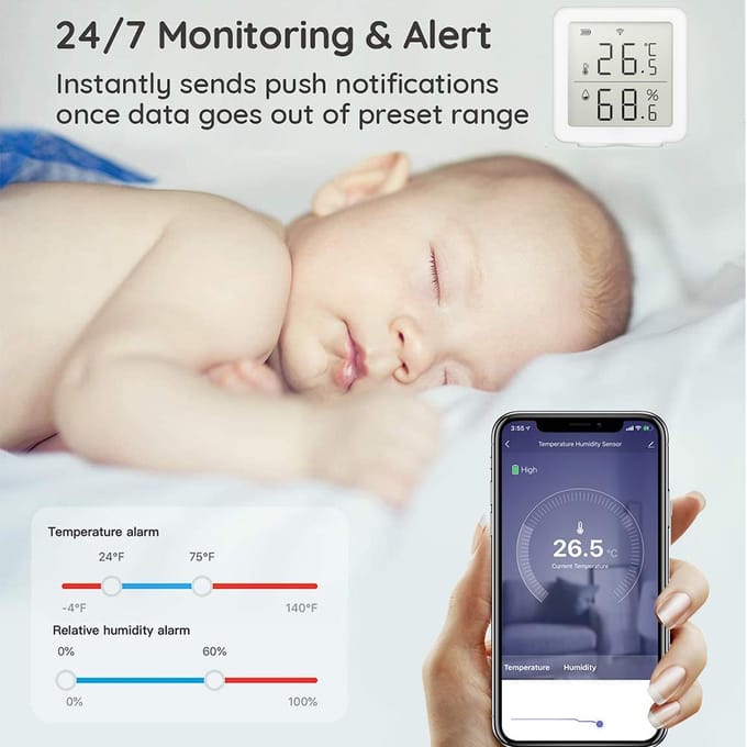 Slimme WiFi Vochtigheidssensor Hygrometer Buiten Binnen Thermometer Digitaal LCD-scherm Temperatuur wit