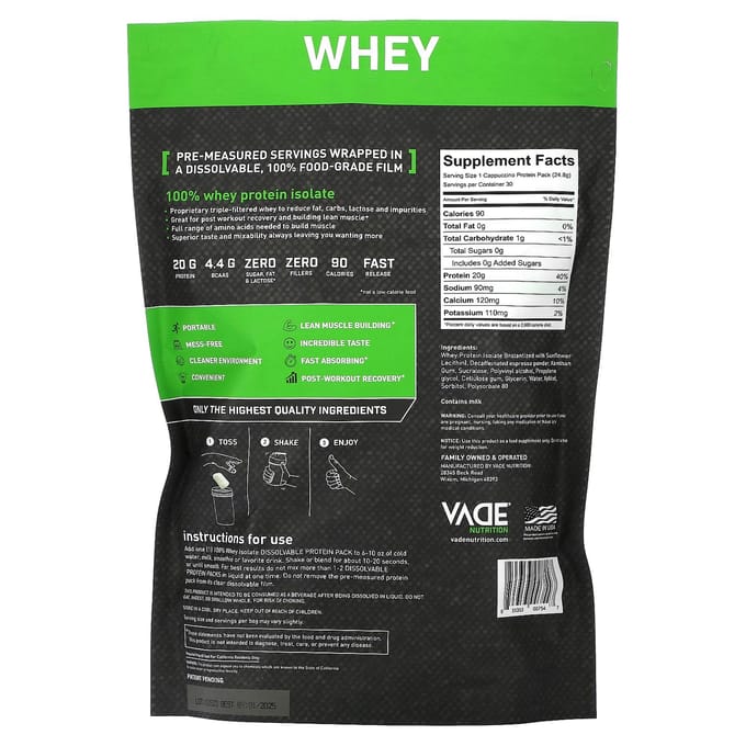 Vade Nutrition, Pack de Protéines Solubles, 100% Isolat de Whey, Cappuccino, 1,6 lb (744 g)