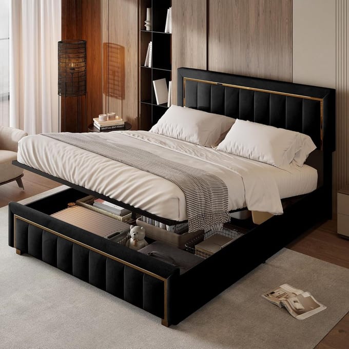 Kistbed - Opbergbed - Ruimte Besparen - Gestoffeerd Hoofdeinde - 140 x 200 cm - Zwart