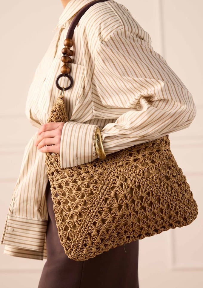 Manfield - Beige raffia schoudertas