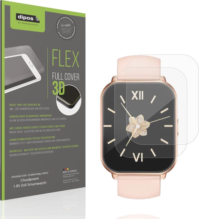 dipos FLEX – 2x Matte Screenprotector geschikt voor Cloudpoem 1.85 Zoll Smartwatch | Volledige Schermbescherming | Case-Friendly