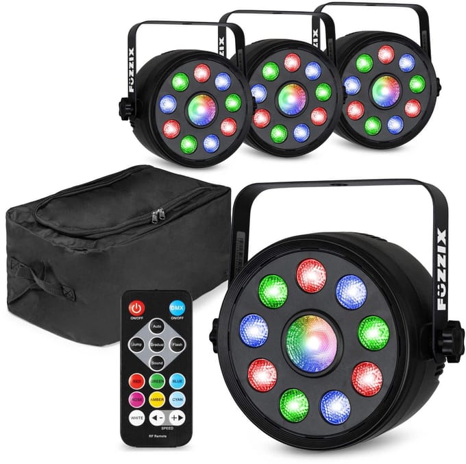 Fuzzix set van 4 PLF15 Party LED parren in flightbag - 9x 2W RGB LED’s en 6W centrale LED - Met DMX
