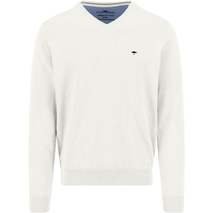 Fynch-Hatton Trui Solid Color Superfine 3-Ply Cotton V-Neck New Off White / male