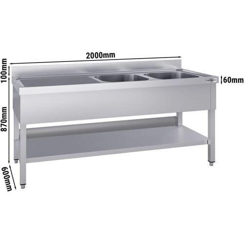 GGM Gastro Spültisch ECO - 2000x600mm - mit Grundboden - mit 2 Becken rechts Zilver