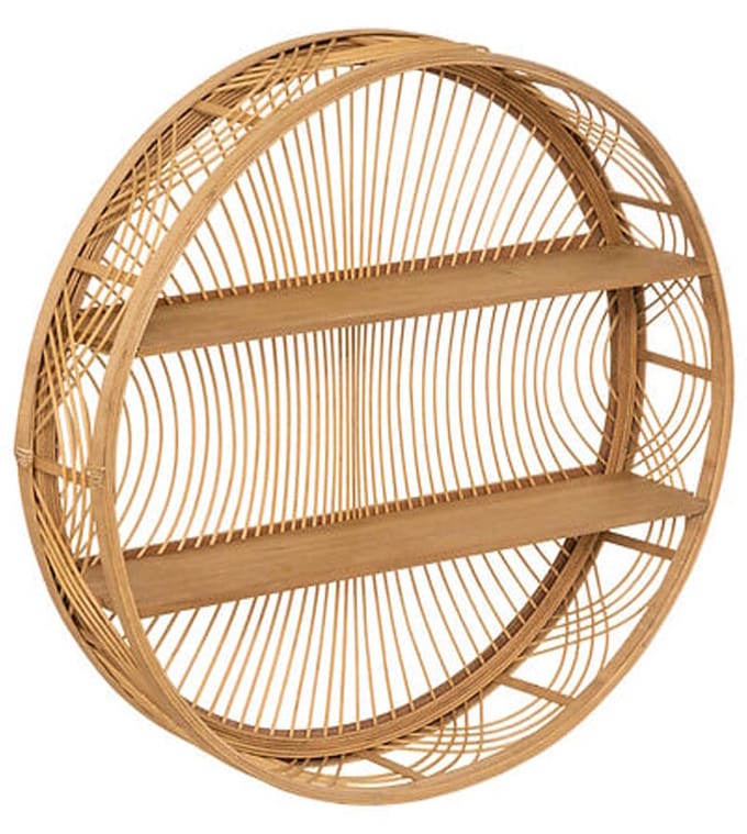 Atmosphera Wandplank ornament Inacio - bruin - bamboe - Boho stijl - rond frame - 2 plankjes - D70 x 15 cm