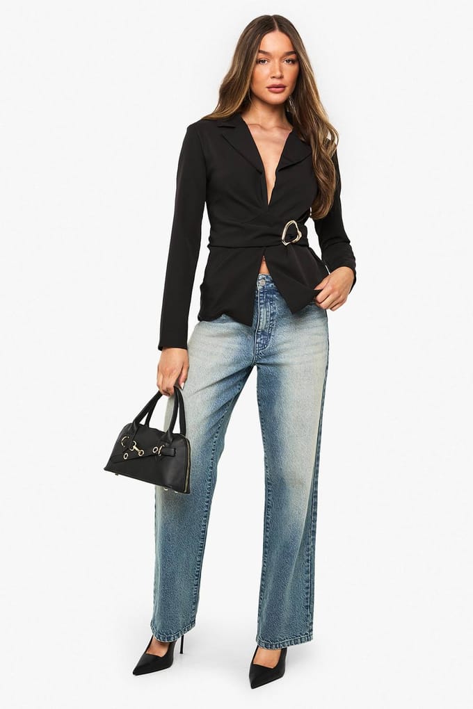 boohoo Dames Blazer met hardwareaccent en gerimpelde voorkant | Zwart | Maat: 38