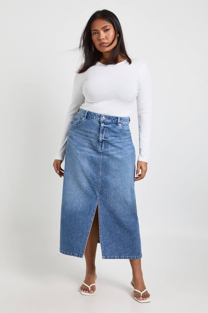 boohoo Dames Plus Denim Midaxi-rok | Mid Wash | Maat: 16