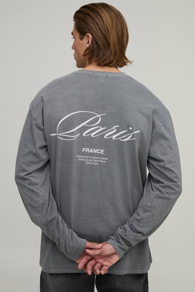Gewassen Grijs Oversized Parijs Print T-shirt Met Lange Mouwen | Washed Grey | Size Medium