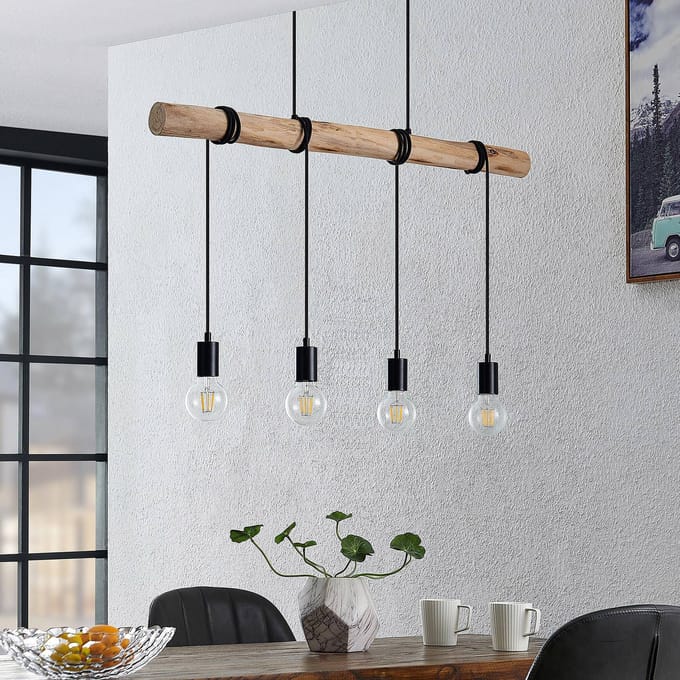 Lindby - Hanglamp - 4lichts - Eucalyptushout, staal - E27 - licht hout, mat zwart