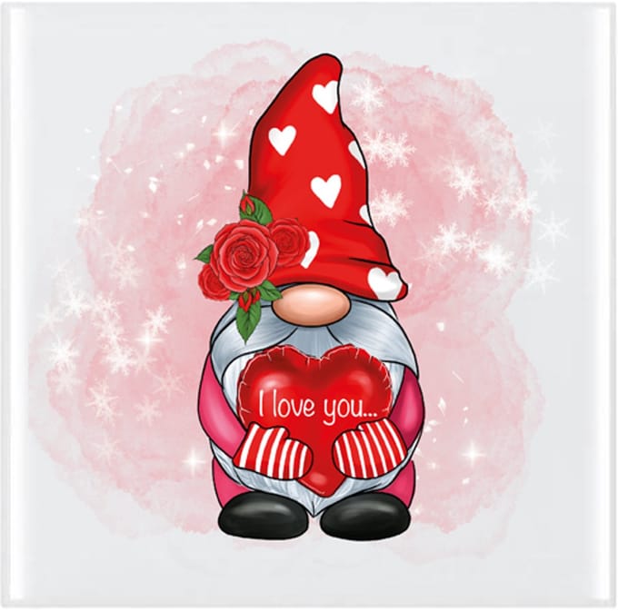 Tegeltje - Love Gnome - Hart - 10x10cm - inclusief houten standaard