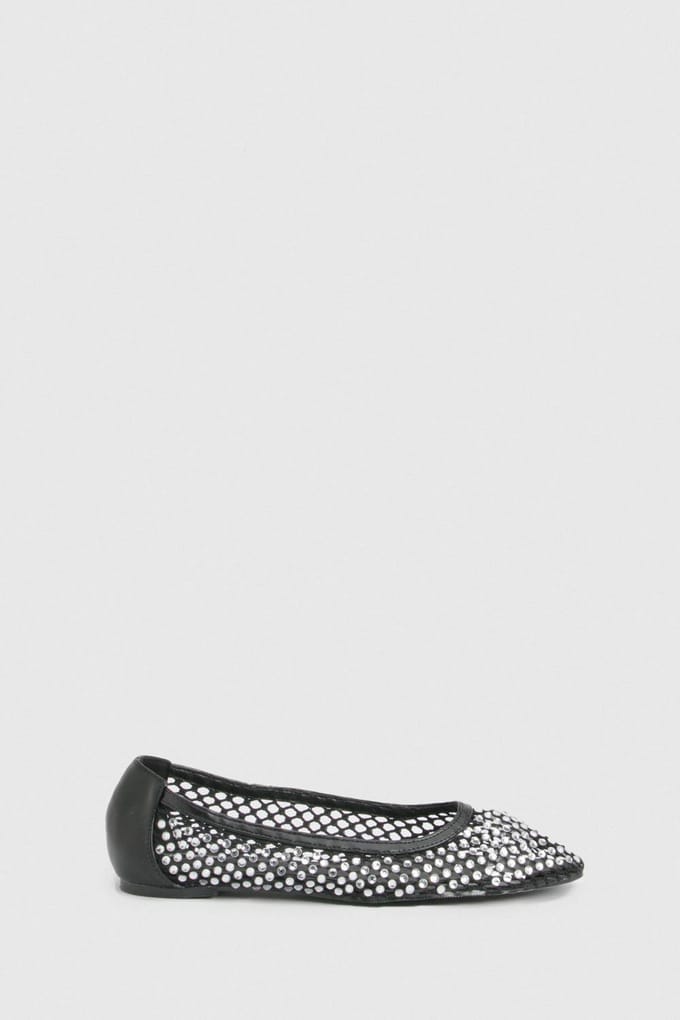 boohoo Dames Diamante Mesh Ballerina's | Black | Maat: 6