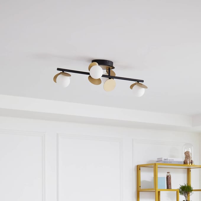 Lucande LED plafondlamp Pallo, 4-lamps, zwart/goud, glas
