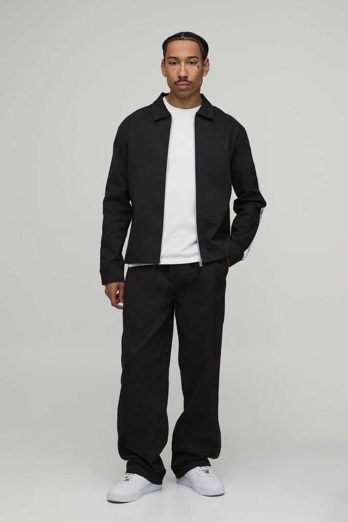 Twill Contrast Tape Regular Zip Up Overshirt & Relaxed Chino Set | Charcoal | Size Medium