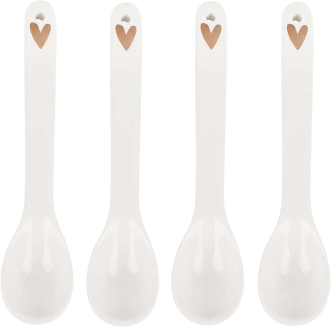 Zusss Set Van 4 Lepeltjes Hartje Wit/Goud Aardewerk Wit/Goud