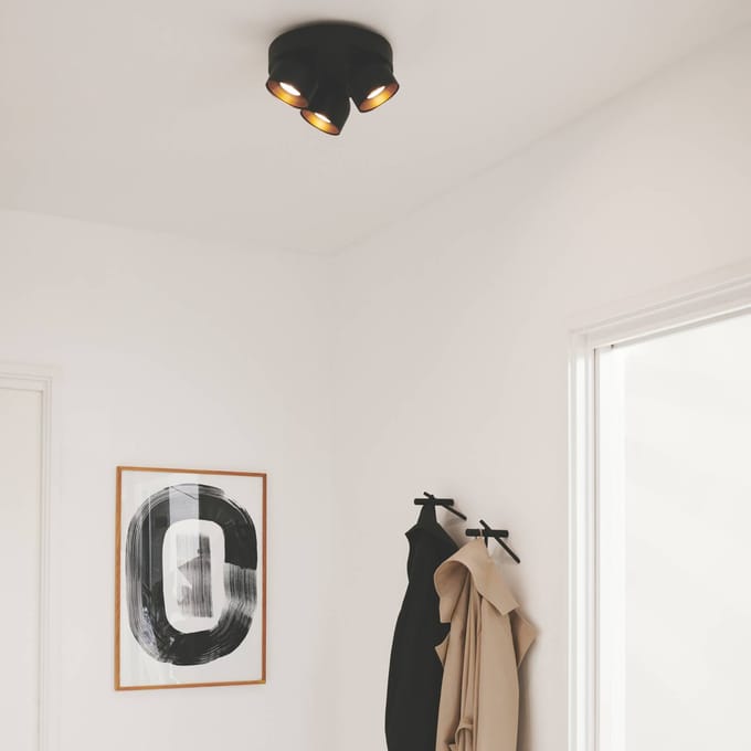 Nordlux Downlight Pitcher, zwart/messing, 3-lamps, rond, metaal