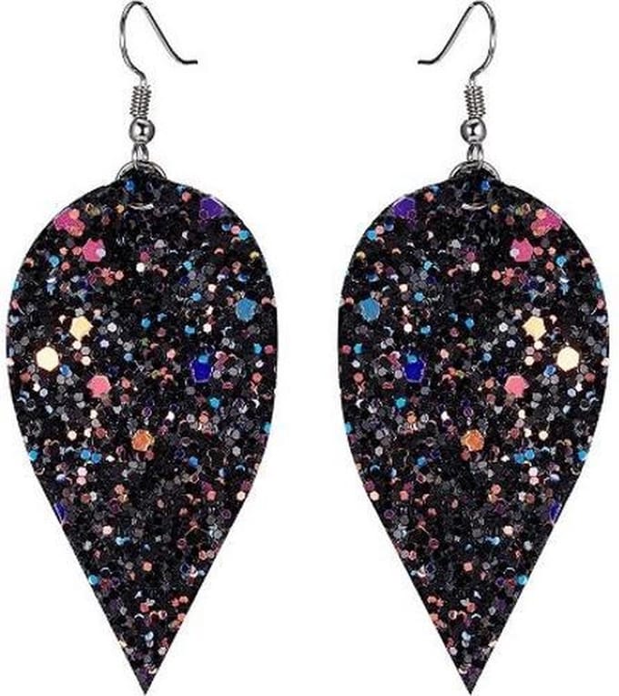 Fako Bijoux® - Oorbellen - Omgekeerde Druppel - Glitter - Kunstleer - Zwart