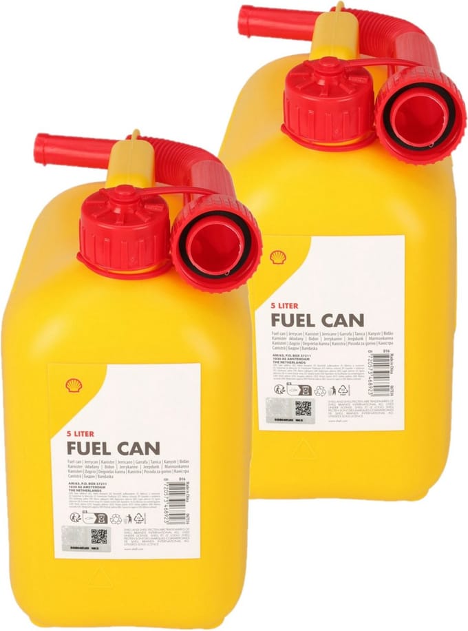 Shell Jerrycan/benzinetank - 2x - 5 liter - geel - kunststof - met lange schenktuit